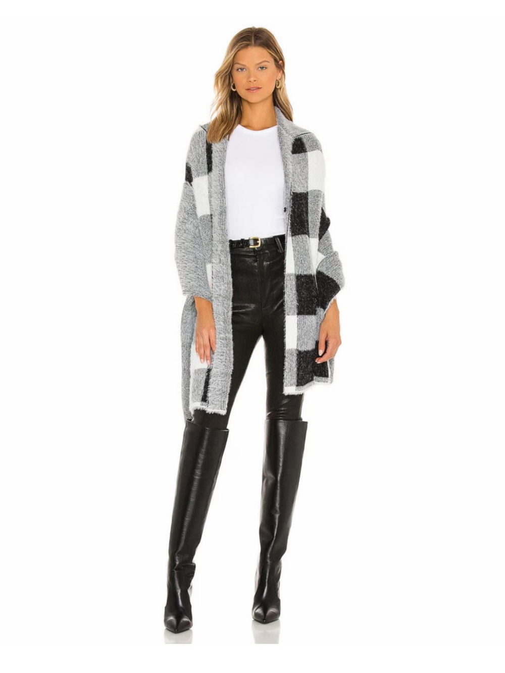 BELLA DAHL Black & White Checked Hooded Poncho